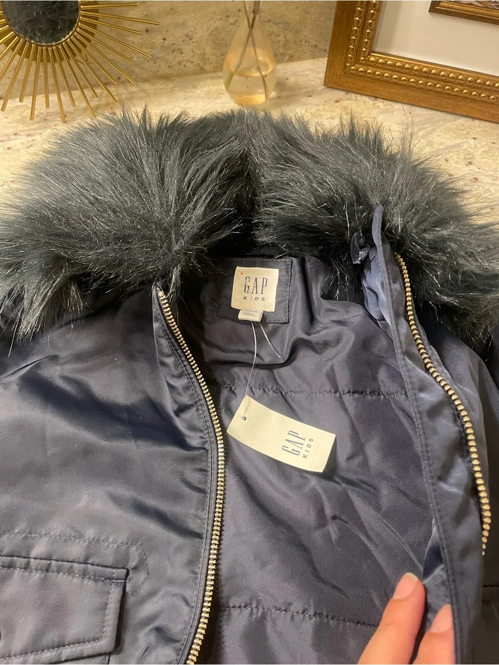 GAP Navy Bomber Jacket with Faux Fur Trim